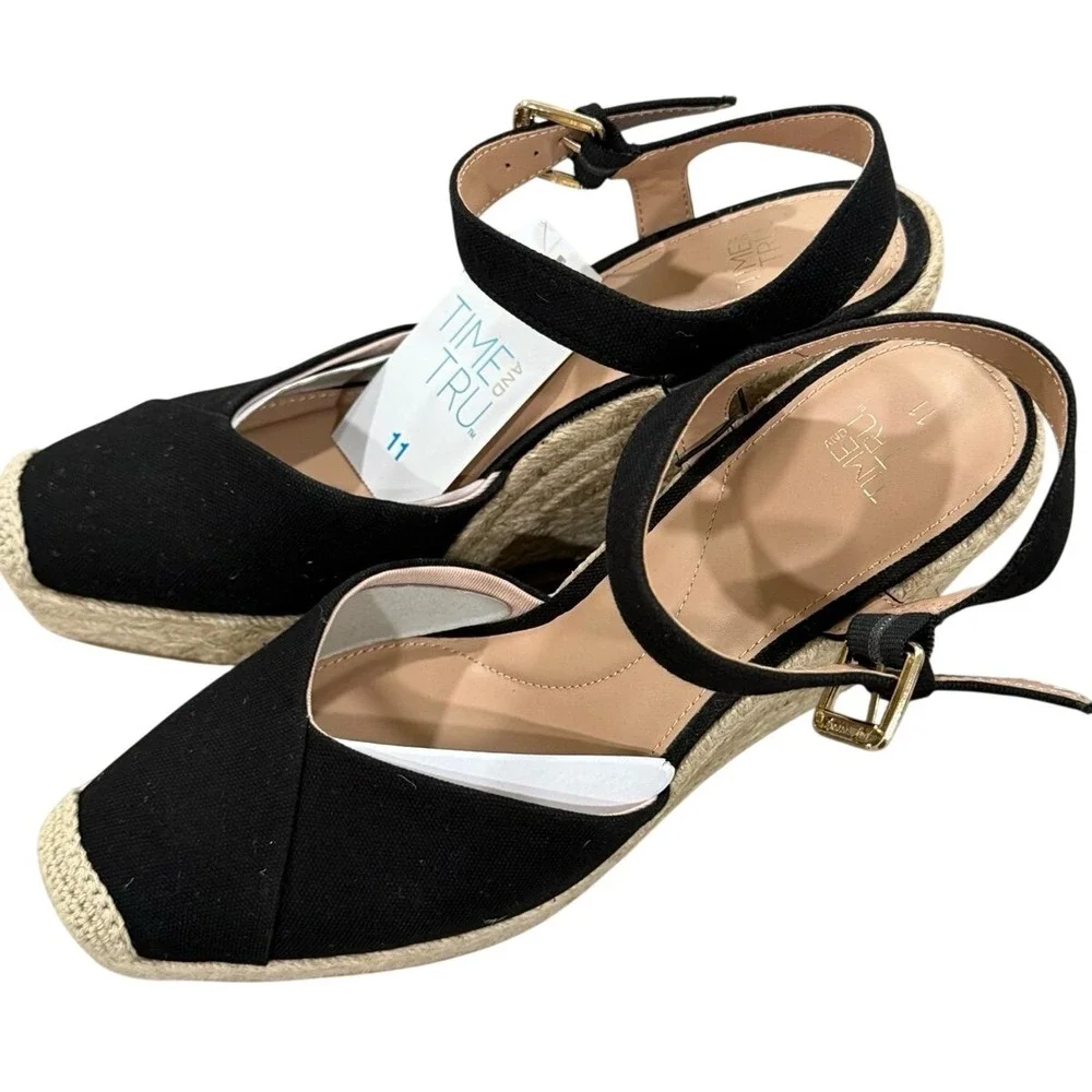 Time and Tru Espadrille‎ Wedge Sandals Black Size 11
